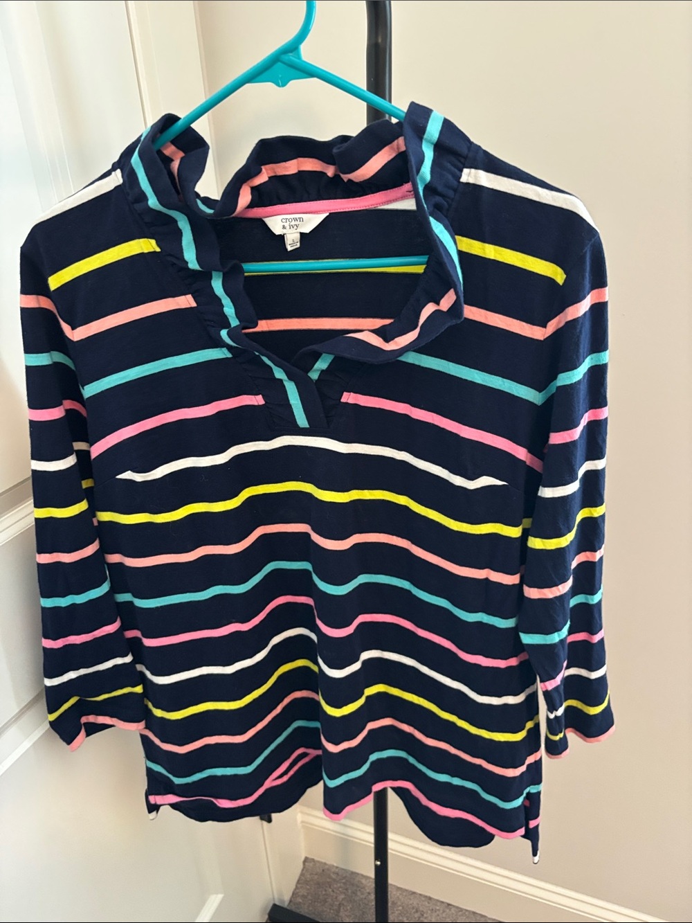 crown & ivy Navy Striped ruffle collarLong Sleeve Tunic with Pink, Aqua & Yellow